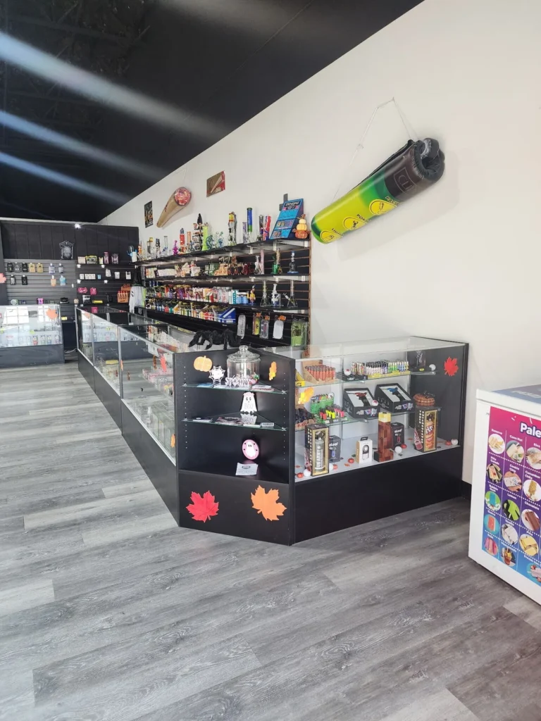 Smoke shop counter and glass shelf