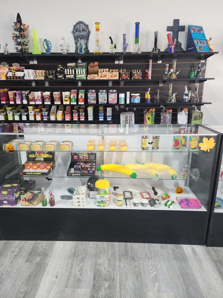 Water pipes, papers and accessories on the smoke shop wall